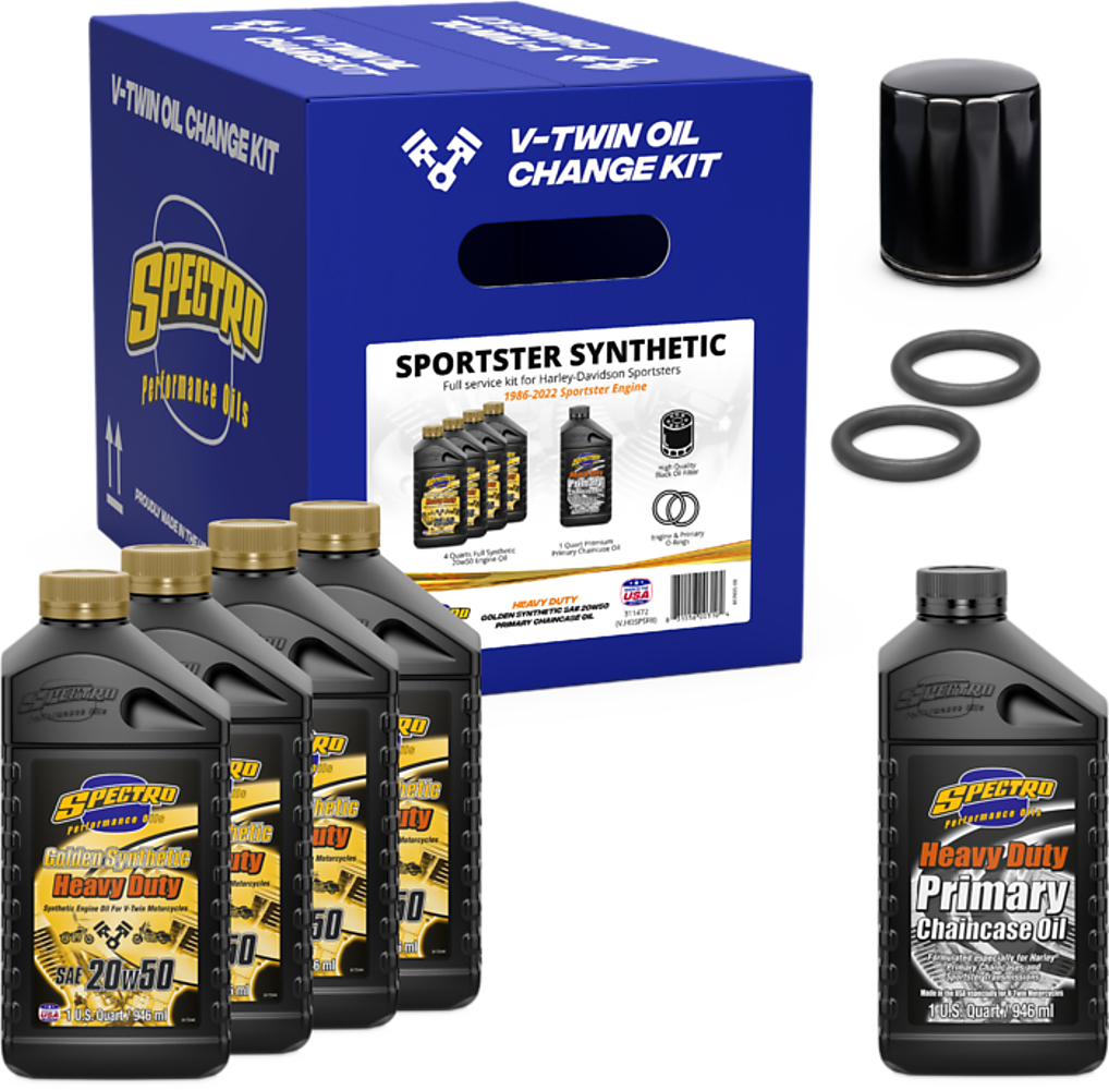 Spectro V-Twin Full Oil Service Kit XL Synthetic including oil bottles and filters for motorcycle maintenance