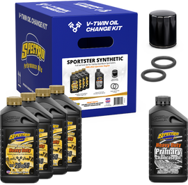 Spectro V-Twin Full Oil Service Kit XL with synthetic oil bottles and filters for motorcycle maintenance.