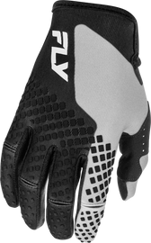 Fly Racing youth Kinetic gloves in black and grey, showing the textured fabric and secure wrist closure.