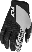 Load image into Gallery viewer, Fly Racing Kinetic Gloves in black and grey with padded palms and adjustable wrist straps, designed for motorcycle riding comfort.