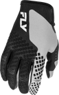 Fly Racing Kinetic Gloves in black and grey with padded palms and adjustable wrist straps, designed for motorcycle riding comfort.