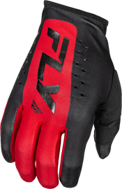 Fly Racing Lite gloves in black and red, size large, featuring padded palms and breathable fabric for motorcycle riding comfort.