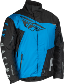 Fly Racing SNX Pro jacket in black and blue, medium size, featuring a sleek motorcycle or racing jacket design.