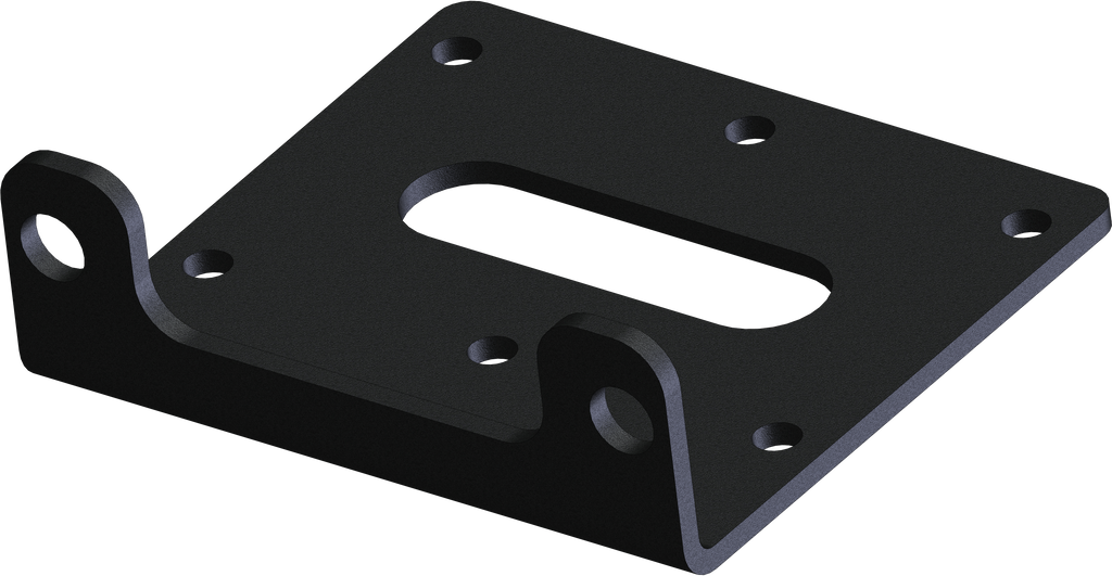 KFI Products roller fairlead mount plate for Warn VRX and Axon winches, shown in black metal with mounting holes.