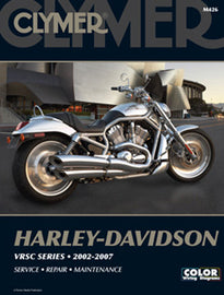 Clymer Harley V-Rod repair manual cover with motorcycle illustrations and tool diagrams for V-Rod motorcycle maintenance.