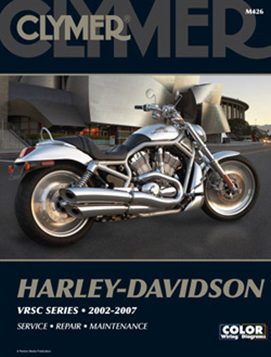 Clymer Harley V-Rod repair manual cover showing detailed diagrams and tool instructions for motorcycle maintenance.