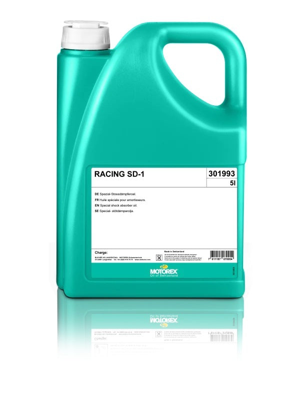 Motorex Racing SD-1 Shock Oil 5L container, automotive shock absorber lubricant, with label and product details visible.