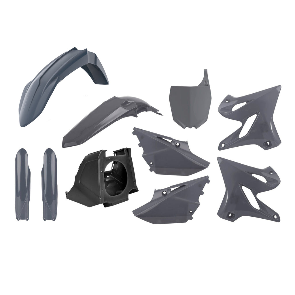 Polisport Plastics MX restyling kit in Nardo Grey for Yamaha models, including body panels and graphics for motocross bikes.