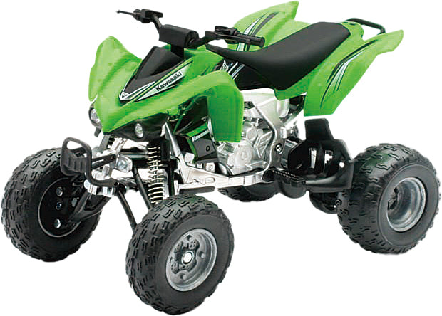 New Ray Toys Kawasaki KFX450R 1:12 scale ATV replica in green, detailed model accessory with realistic features.