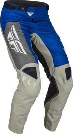 Fly Racing Kinetic Jet Pants in blue, grey, and white, size 34, showing the aerodynamic riding pants with protective features.