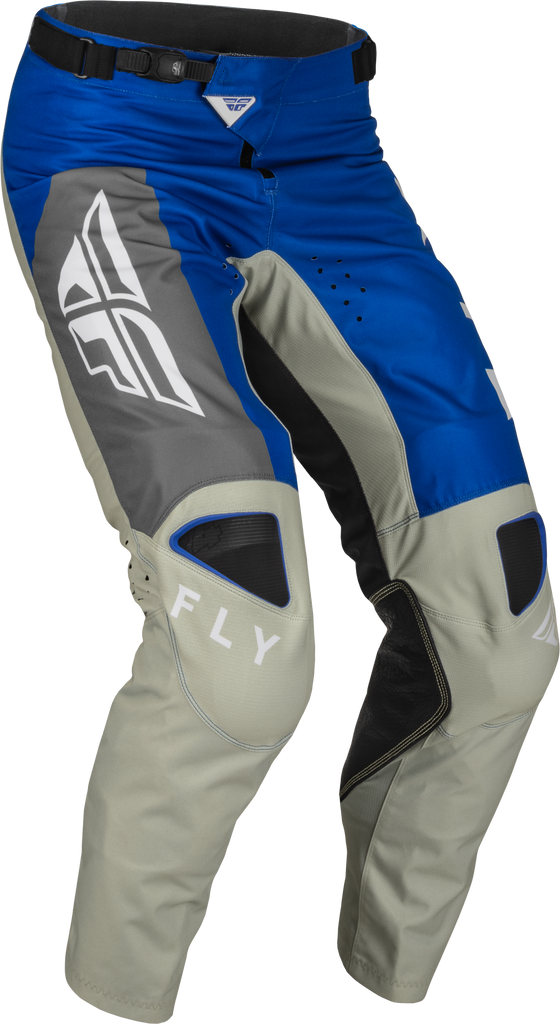 Fly Racing Kinetic Jet Pants in blue, grey, and white, size 28, featuring durable motorcycle riding gear with reinforced panels.