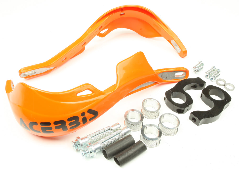 Orange Acerbis Rally Pro handguards with mounting brackets for motorcycle protection, shown mounted on handlebars.