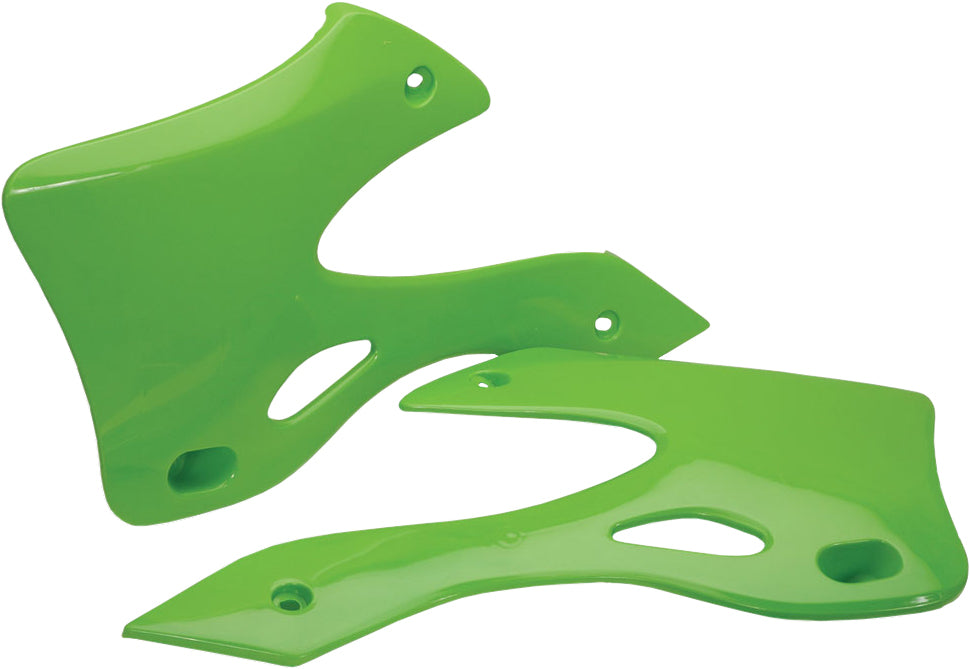 Acerbis green radiator shrouds for motorcycle, featuring sleek aerodynamic design and vibrant green color.