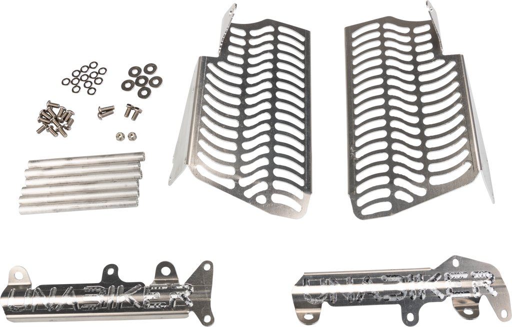 Unabiker radiator guard in natural finish, designed to protect motorcycle radiators with a durable braces and guards structure