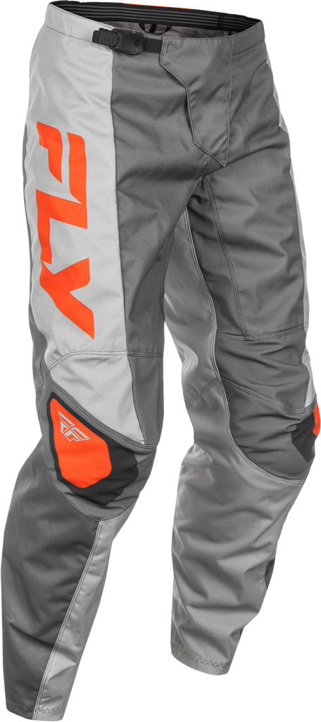 Fly Racing F-16 motorcycle pants in grey and orange, size 32, with reinforced knee panels and breathable fabric.