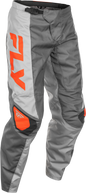 Fly Racing F-16 motorcycle pants in grey and orange, size 32, with reinforced knee panels and breathable fabric.