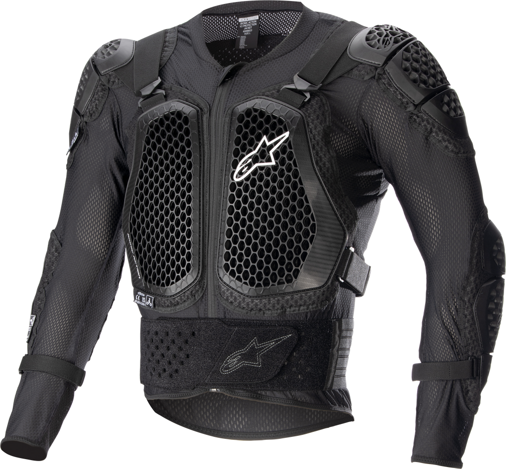 Alpine Star Bionic Action V2 Black Protection Jacket in XL, showing padded armor and adjustable straps for motorcycle safety.
