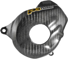 P3 carbon fiber ignition cover for KTM 250/350sxf and Xcf models, motorcycle body part with sleek carbon fiber finish.