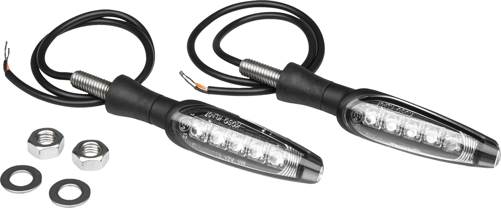 Yoshimura LED turn signals rear pair, motorcycle indicators with sleek design and bright lighting for enhanced visibility.