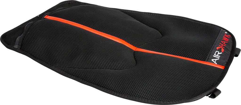 Black and red Airhawk UTV seat cushion with textured surface and adjustable straps for comfort and support during off-road rides.