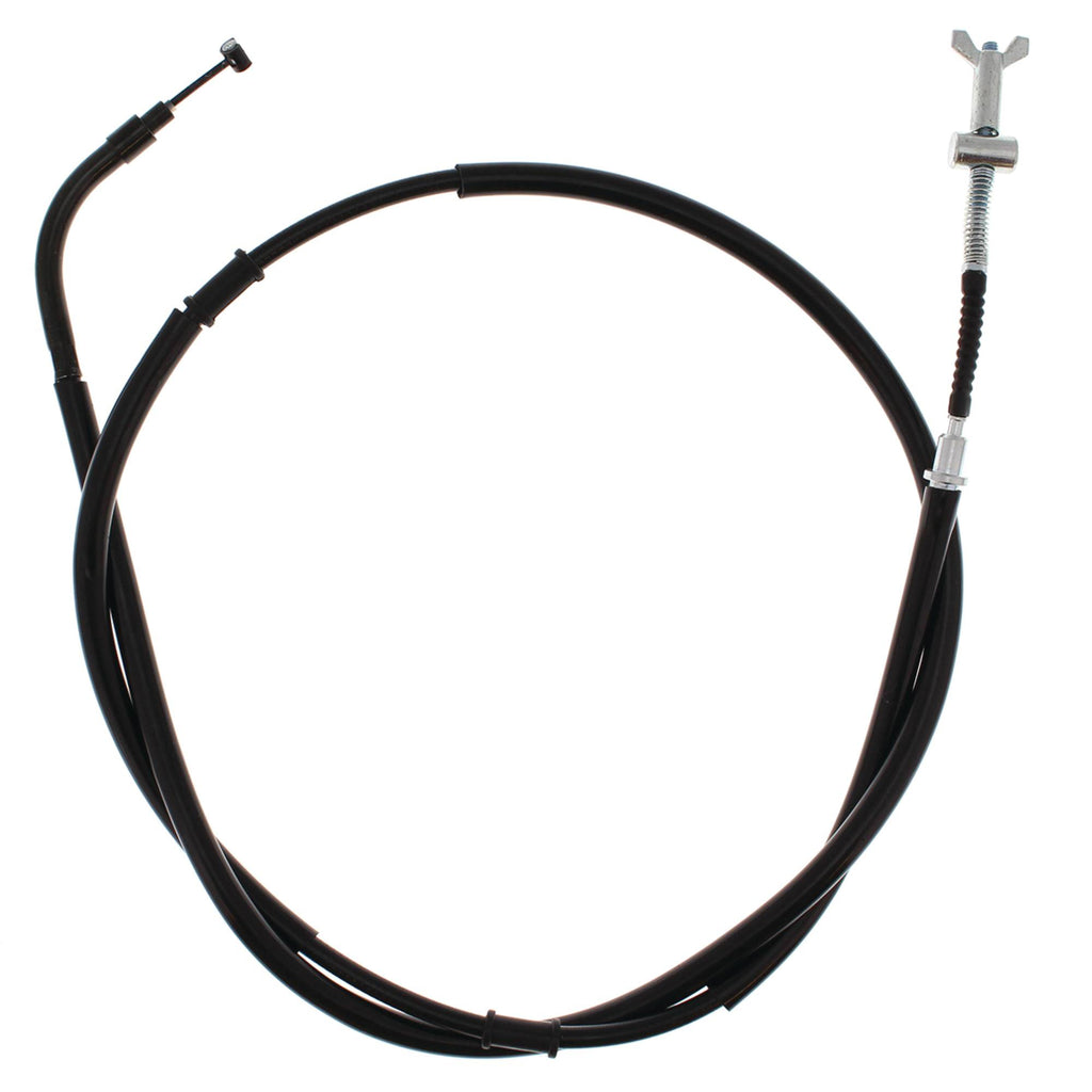 All Balls rear hand brake cable for motorcycle, showing the black control line with metal fittings and protective casing.