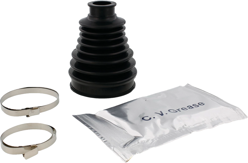 All Balls CV boot kit for drive shaft, featuring a black rubber CV boot with metal clamps and grease.