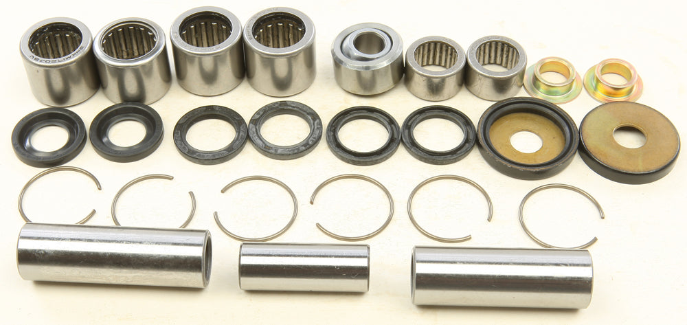 All Balls suspension linkage kit with bearings and seals, featuring multiple metal and rubber components for motorcycle suspension repair