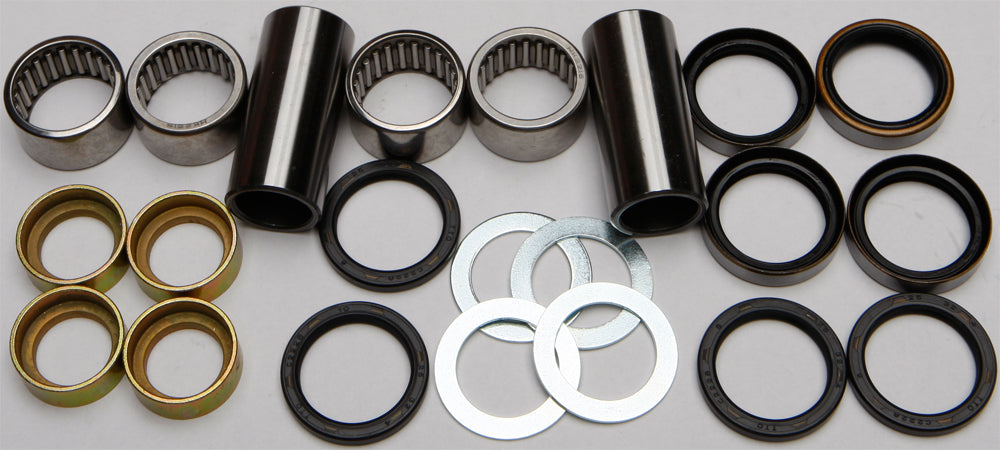 All Balls swingarm bearing kit for suspension, showing various bearings and components laid out for installation.