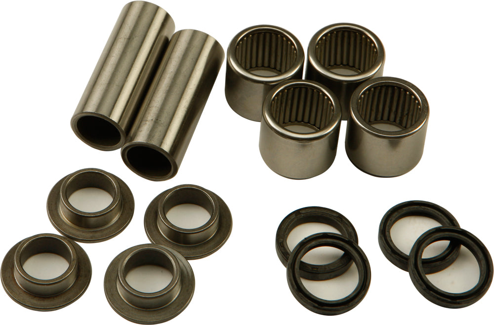 All Balls swingarm bearing kit for suspension, showing multiple metal bearings and seals in a packaging box.