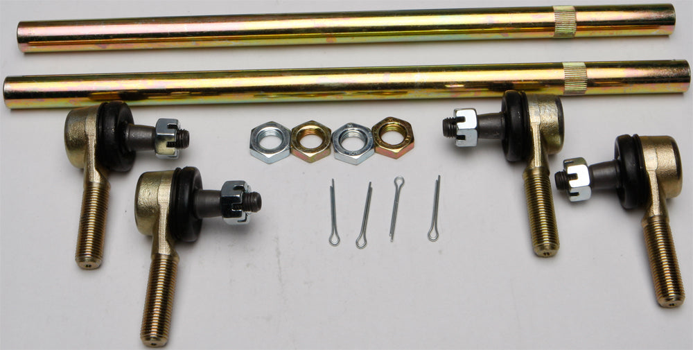 All Balls suspension tie rod upgrade kit 252-1007 showing new tie rod with black protective boots and metal fittings.