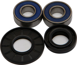 All Balls front wheel bearing and seal kit 22-51421 showing metal bearings and rubber seals for motorcycle or bike wheel repair.