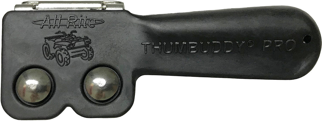 All Rite Products Thumbuddy Pro throttle extender attached to motorcycle throttle for improved grip and control.