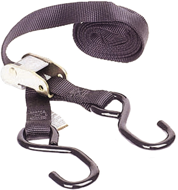 Pair of black Ancra Classic Tie-Downs, 66 inches long and 1 inch wide, shown in a natural setting for securing cargo.