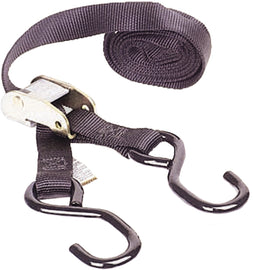 Pair of black Ancra Classic Tie-Downs, 66 inches long and 1 inch wide, shown in a natural setting for securing cargo.