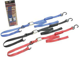 Pair of black Ancra Integra tie-downs for securing cargo, shown in a close-up image with durable straps and hooks.