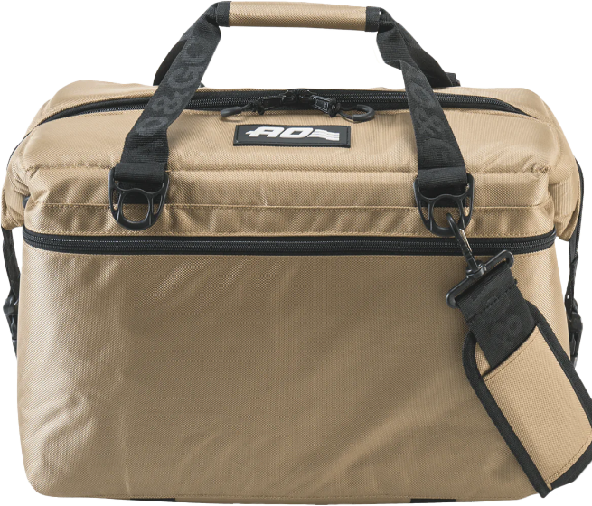 AO Coolers 24-pack Ballistic Tan accessories set, featuring durable, ballistic material with various useful accessories for coolers.