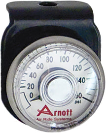 Black Arnott pressure gauge with bracket for suspension systems, model 850-01202, displayed mounted on a vehicle suspension component.
