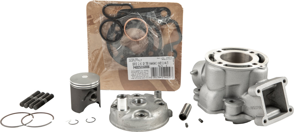 Athena engine cylinder kit with 44.5mm bore and 14.2:1 compression ratio for Kawasaki models, showing the cylinder and piston components.