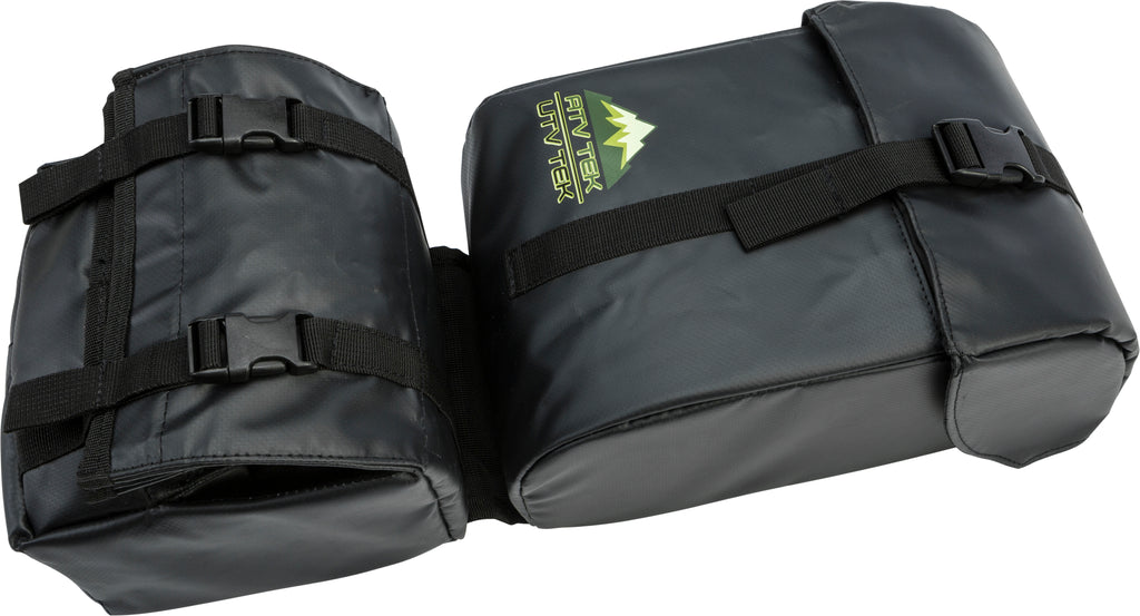 ATV-TEK black arch fender bag on ATV, durable luggage storage with adjustable straps, designed for off-road riding.