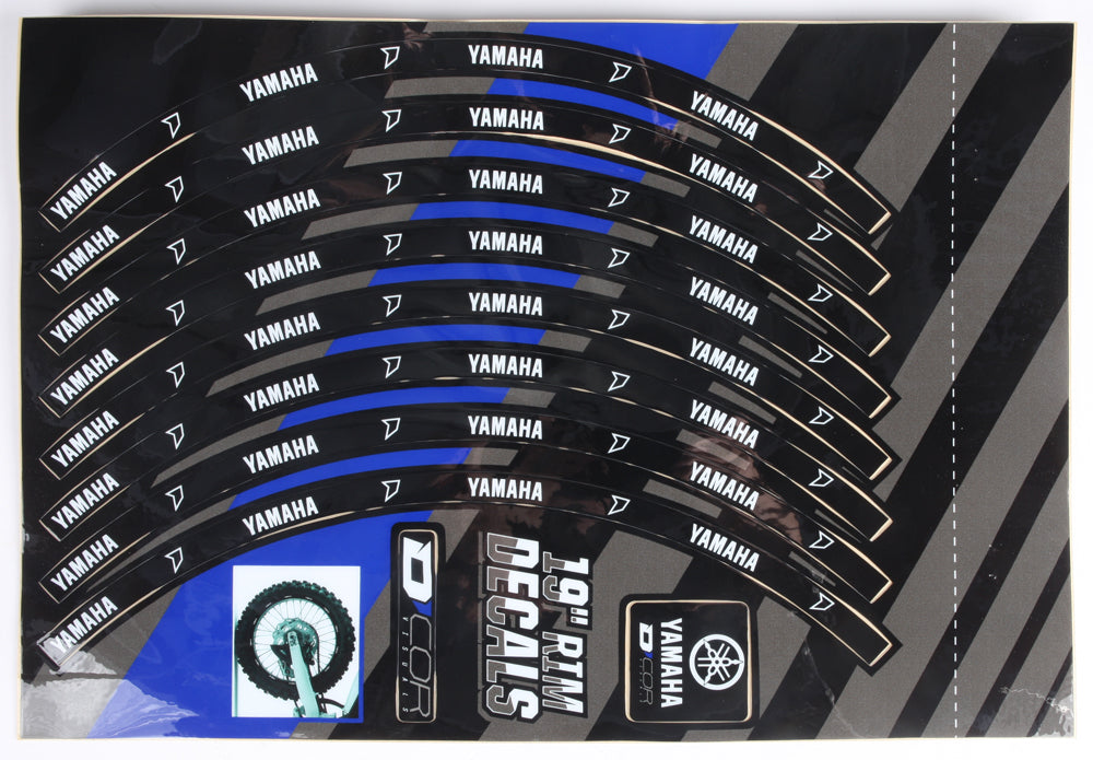 DCOR 19-inch Yamaha logo rear rim decal graphics, black and white design for motorcycle wheel customization.