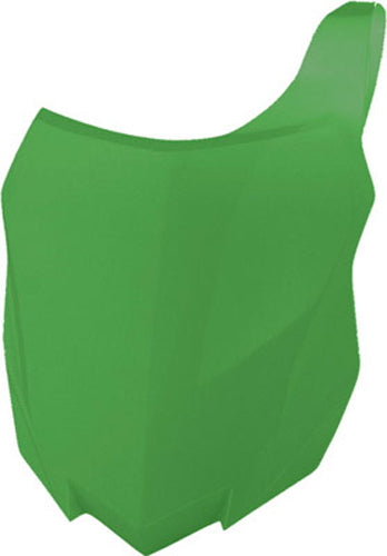 Acerbis green front number plate for motorcycle, featuring the brand logo and mounting holes, on a white background.