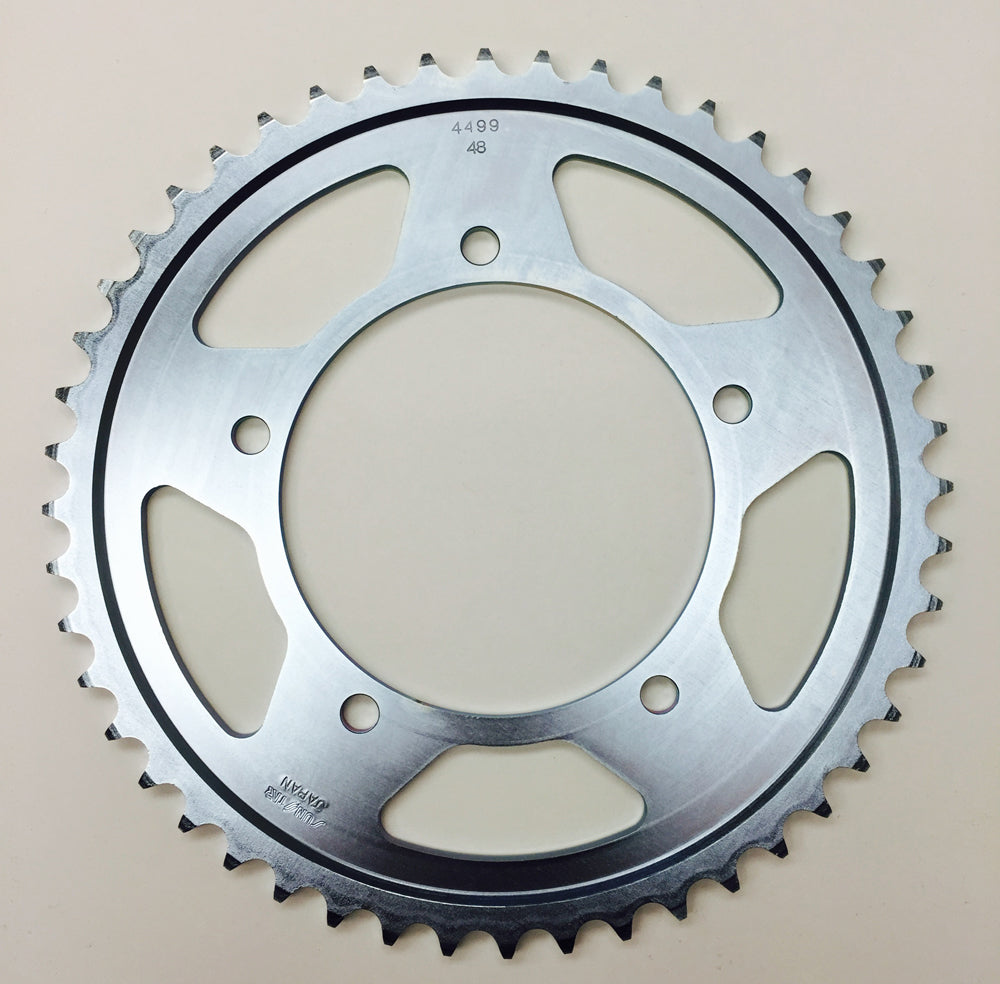 Sunstar steel rear sprocket 48-tooth for Suzuki and Tri motorcycle models, with 525 chain compatibility, shown in the image.