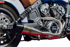Sawicki Speed Shop Indian Scout exhaust with brushed stainless steel finish and black end cap, mid-length design.