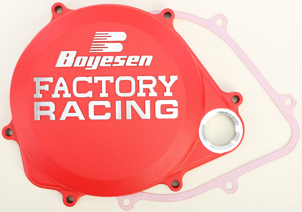 Boyesen Factory Racing Clutch Cover in red for motorcycle, featuring durable construction and branding detail.