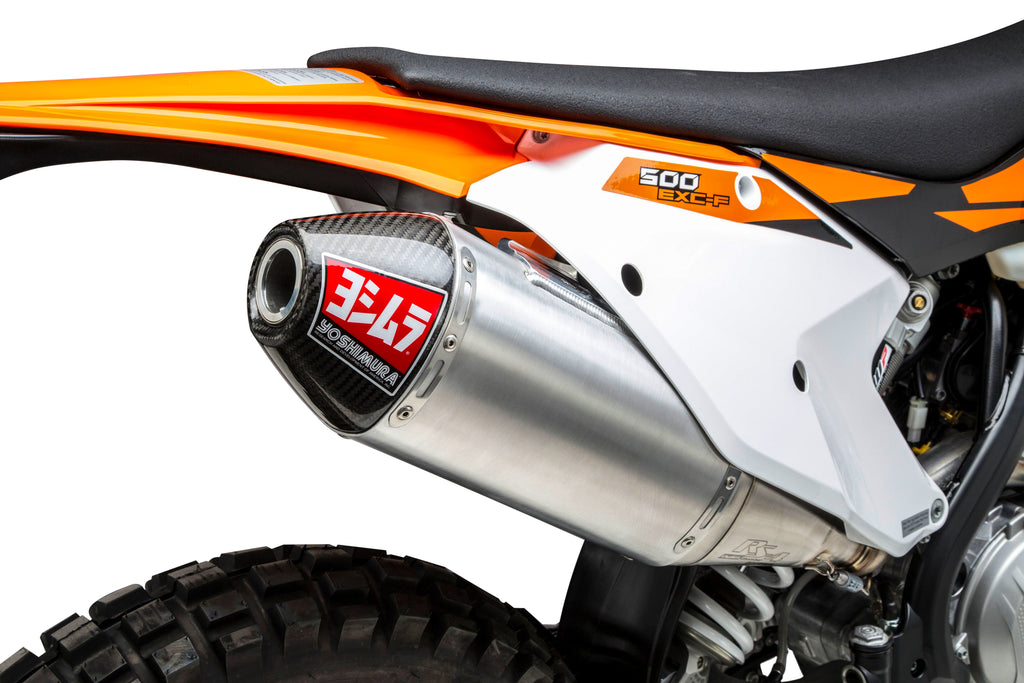 Yoshimura RS-4 exhaust slip-on canister with stainless steel, aluminum, and carbon fiber end cap, designed for motorcycle performance.