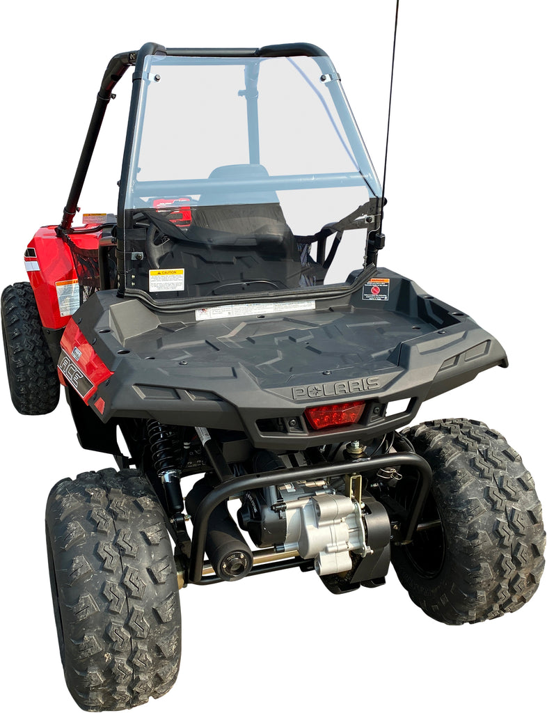 Open Trail Rear Windshield for Ace 150, clear polyester windscreen with mounting edges, designed for off-road vehicles.