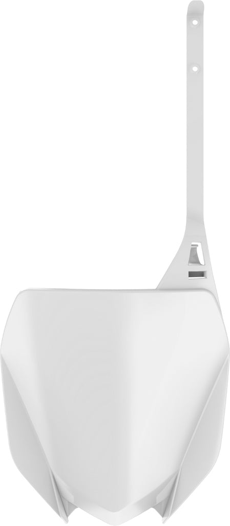 Polisport Plastics white front number plate for motocross or dirt bikes, with mounting holes and sleek design.