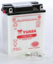 Yuasa YB12AL-A conventional automotive battery with positive and negative terminals visible, designed for reliable power.