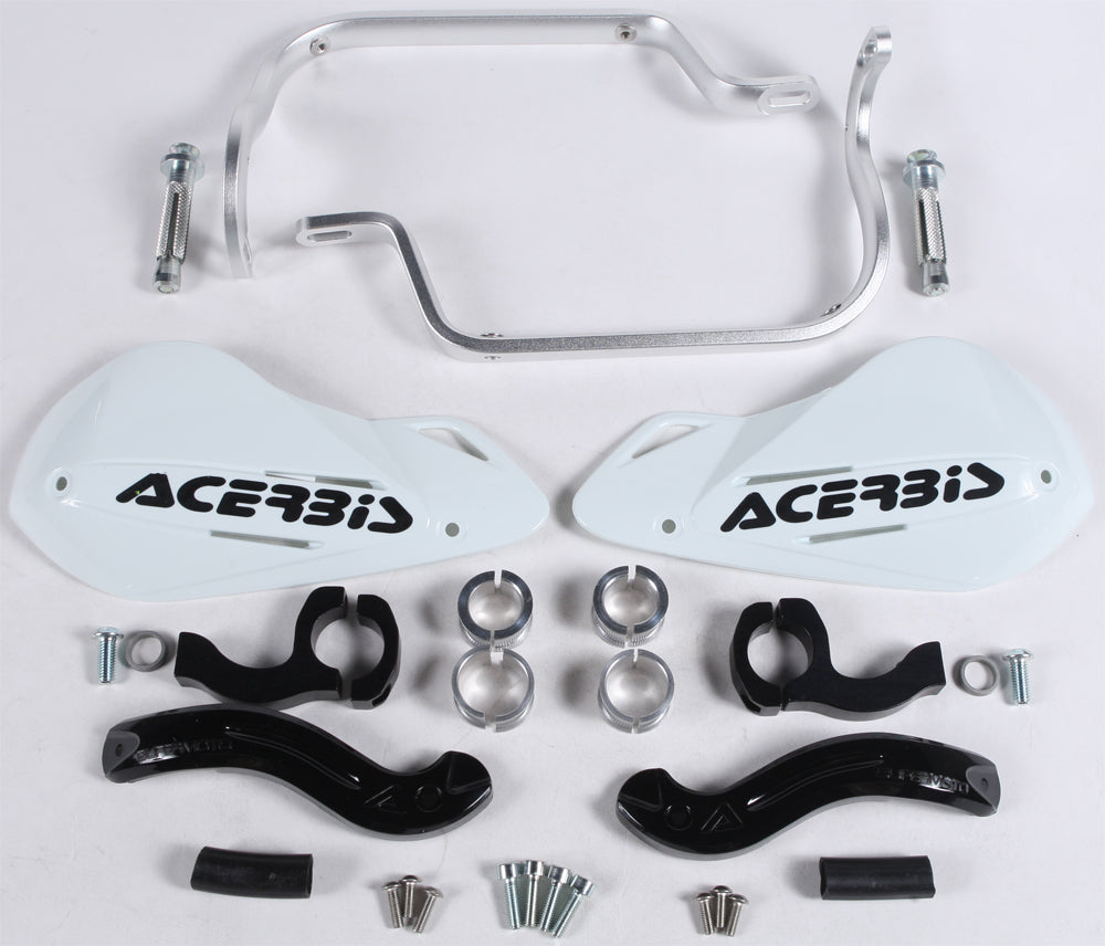Acerbis Supermoto X-Strong white handguards mounted on motorcycle handlebars, providing protection for rider's hands.