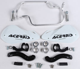 Acerbis Supermoto X-Strong white handguards mounted on motorcycle handlebars, providing protection for rider's hands.